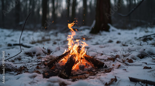 Campfire during winter on the ground in middle of snowy forest © Keitma