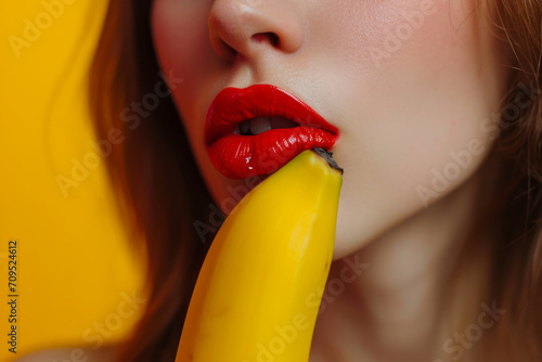 Sexy model woman with red lips make-up taking a bite from yellow banana with the fruit next to her beautiful face photo