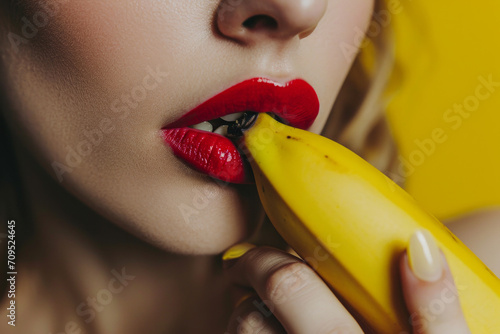Sexy model woman with red lips make-up taking a bite from yellow banana with the fruit next to her beautiful face