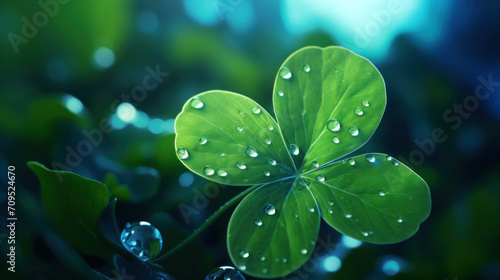 Macro shot capturing the intricate detail of dew drops on a fresh green four-leaf clover, symbolizing luck and nature's beauty.