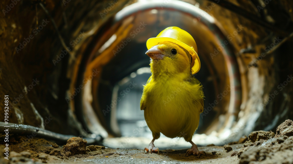 Canary bird wearing small miner's hard hat in mine shaft, canary in the coal mine idiom concept - obrazy, fototapety, plakaty 