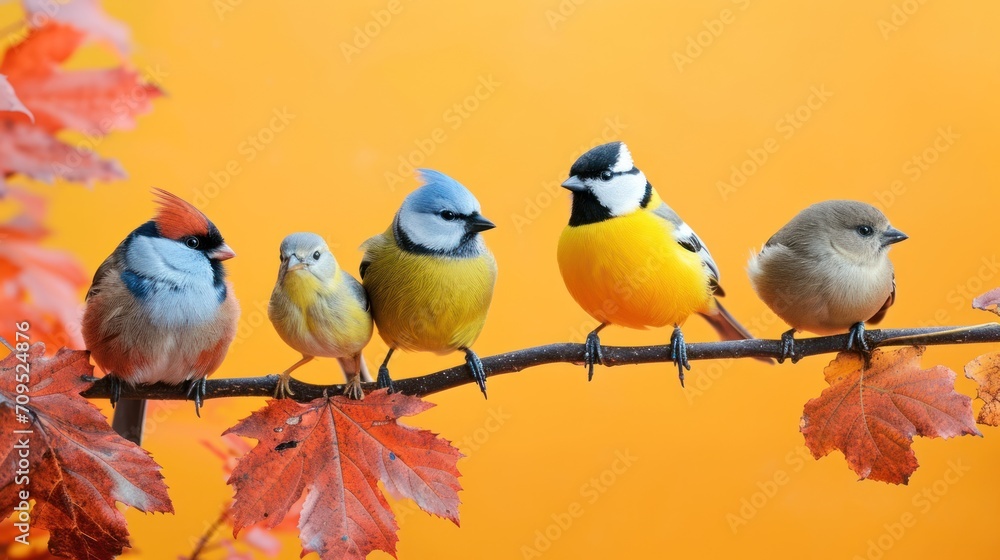  a group of birds sitting on a branch in front of a yellow background with red and orange leaves in the foreground.