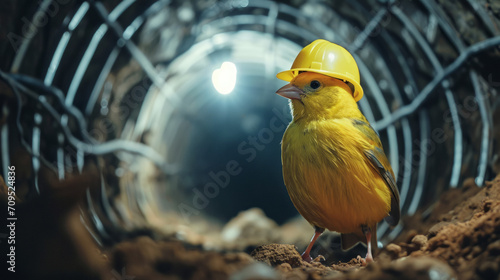 Canary bird wearing small miner's hard hat in mine shaft, canary in the coal mine idiom concept photo