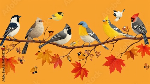  a group of birds sitting on top of a tree branch with autumn leaves on the branch and a yellow background.
