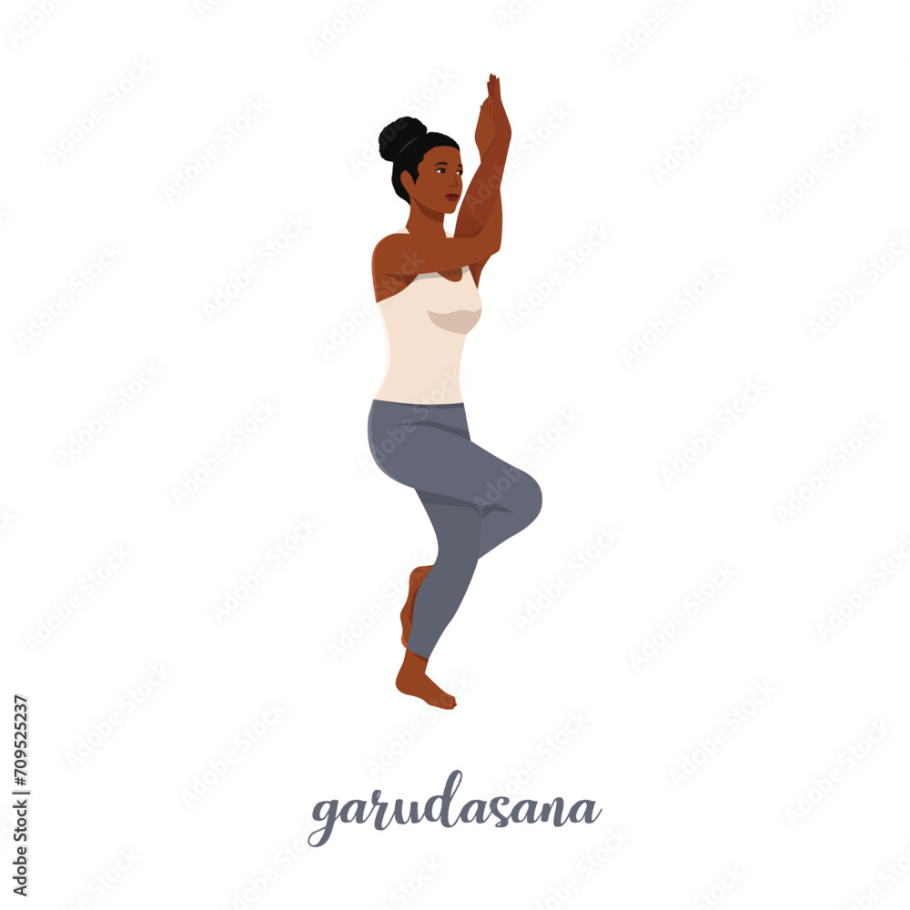 Woman doing Garudasana or Eagle yoga pose. Hatha yoga. Gymnastics training. Flat vector illustration isolated on white background Woman doing Garudasana or Eagle yoga pose. Hatha yoga. Gymnastics training. Flat vector illustration isolated on white background
