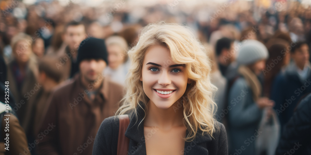 Beautiful blonde woman is smiling in front of large crowd of people, 
