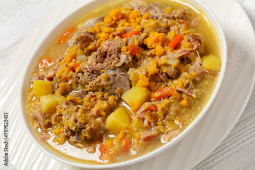 split pea and lentil soup with pork on bones