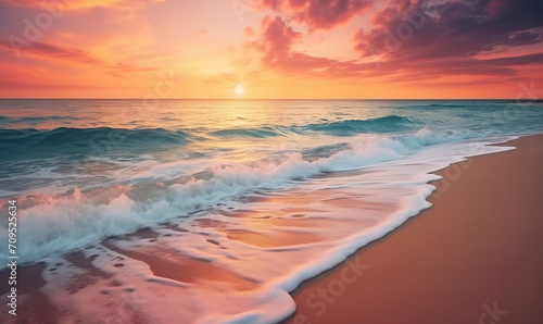 Colorful sunrise over ocean. Mesmerizing golden sunset on tropical summer beach with soft sand and crystal clear ocean waves. Copy space of summer vacation and holiday business travel concept.