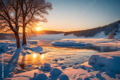 A frozen winter landscape with golden sunset.