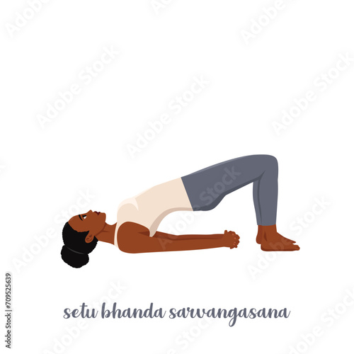 Woman doing Yoga Setu Bandha Sarvangasana Chakrasana. Yoga pose of bridge. Physical health. Flat vector illustration isolated on white background
