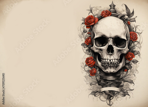 Human skull illustration with red flowers and copy space on off white background 