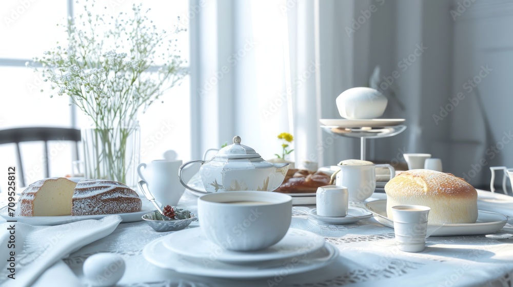 a table topped with plates and cups filled with desserts and pastries on top of a white table cloth. a table topped with plates and cups filled with desserts and pastries on top of a white table cloth.