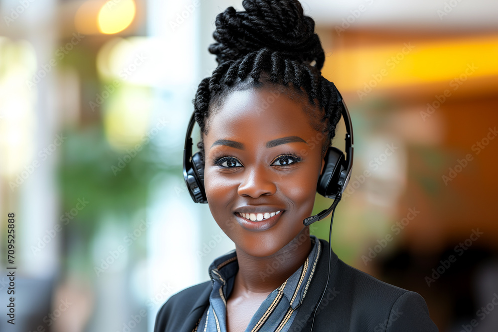 Professional African Female Receptionist with Headset Professional African Female Receptionist with Headset