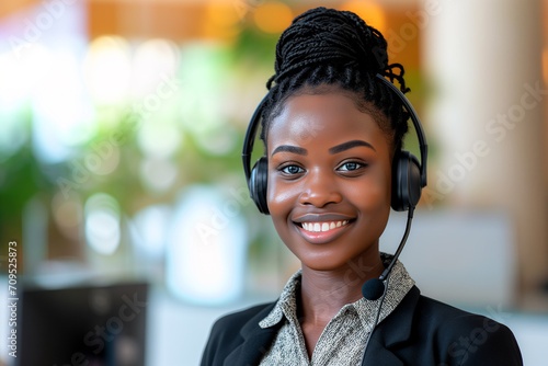 Professional African Female Receptionist with Headset photo