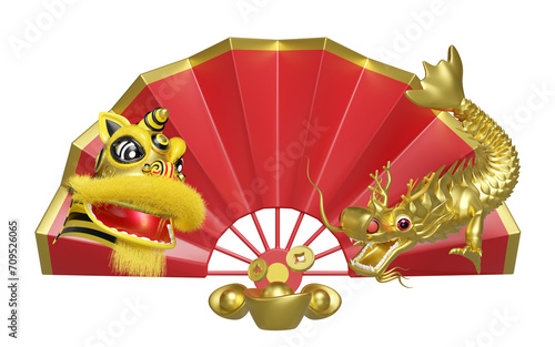 3d fan with lion dance head, dragon, chinese gold ingot, coin for festive chinese new year holiday. 3d render illustration