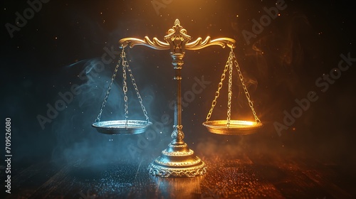 law scales sitting in a dark background, in the style of futuristic digital art, dark cyan and dark beige, generative ai