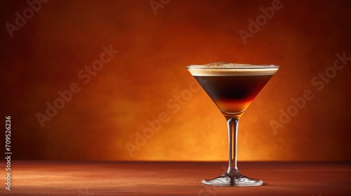  a close up of a drink in a wine glass on a table with a brown wall in the back ground.