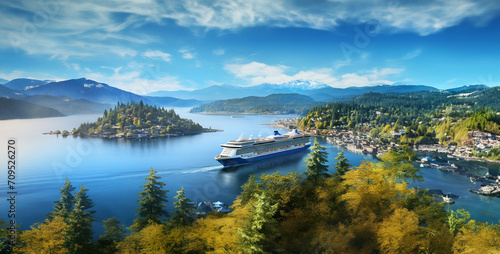lake bled country, cruise ship on the water near a city in the style © Yasir
