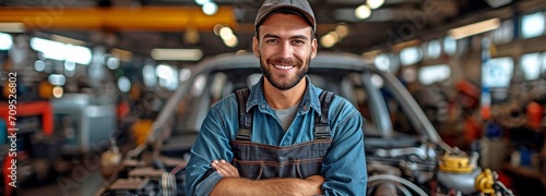 amiable vehicle repair A uniformed mechanic stands in the background of an open automobile, grinning and facing the camera. auto upkeep and repair. photo