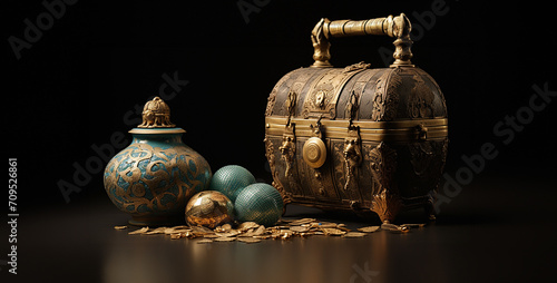 Obraz na płótnie bottle and glass, Three objects Turkish decorative box and Ming vase