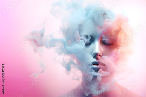 Fashion surreal Concept. Closeup portrait of stunning girl surround dissolve in pastel swirling flowing smoke fog liquid. illuminated with dynamic composition and dramatic lighting. copy text space