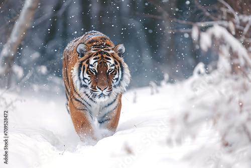 tiger walking in winter snowy weather, Wildlife Scene Perfect for Nature Enthusiasts and Winter-themed Concepts