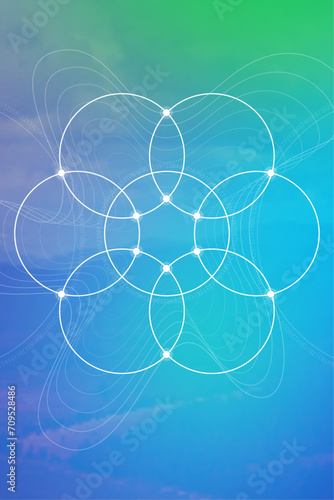 Flower of life. Tree of life. Sacred geometry spiritual new age futuristic illustration with interlocking circles, triangles and particles