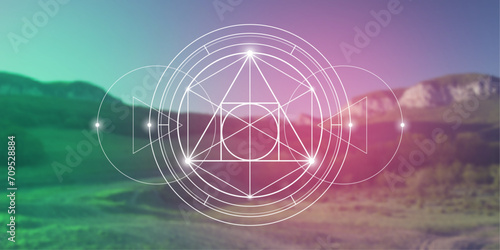Philosopher stone. Sacred geometry spiritual new age futuristic illustration with interlocking circles, triangles and particles