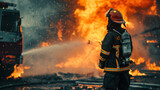 firefighter at work, fireman using water and extinguisher to fighting with fire flame in an emergency situation, danger situation, firemen wearing fire fighter suit for safety.