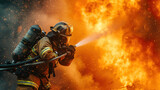 firefighter at work, fireman using water and extinguisher to fighting with fire flame in an emergency situation, danger situation, firemen wearing fire fighter suit for safety.
