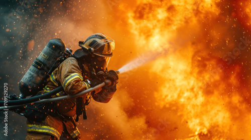 firefighter at work, fireman using water and extinguisher to fighting with fire flame in an emergency situation, danger situation, firemen wearing fire fighter suit for safety.