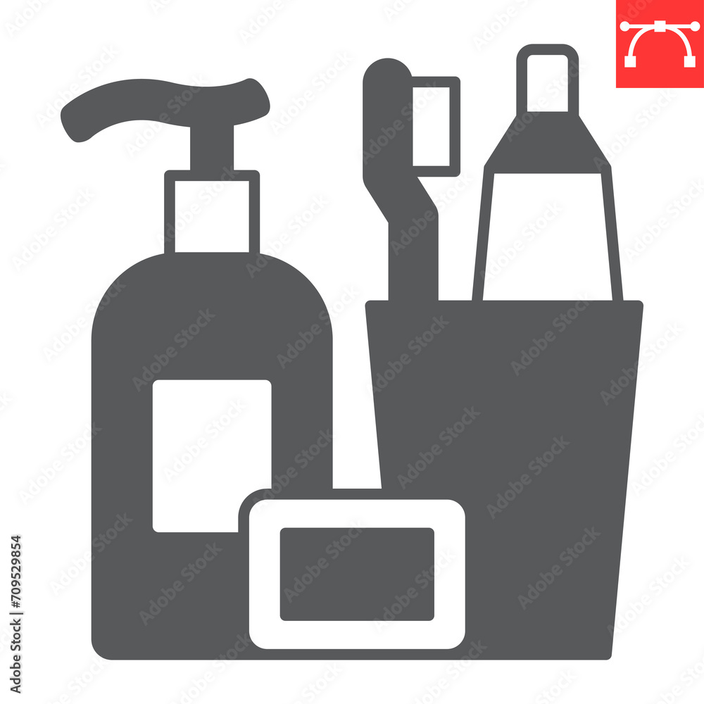 Obraz premium Toiletries glyph icon, grocery store and hygiene kit , toothbrush with toothpaste and bottle of soap vector icon, vector graphics, editable stroke solid sign, eps 10.