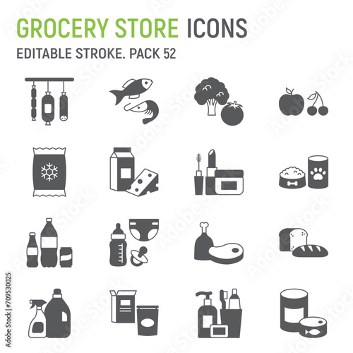 Grocery store glyph icon set, food collection, vector graphics, logo illustrations, supermarket departments vector icons, food and drinks signs, solid pictograms, editable stroke