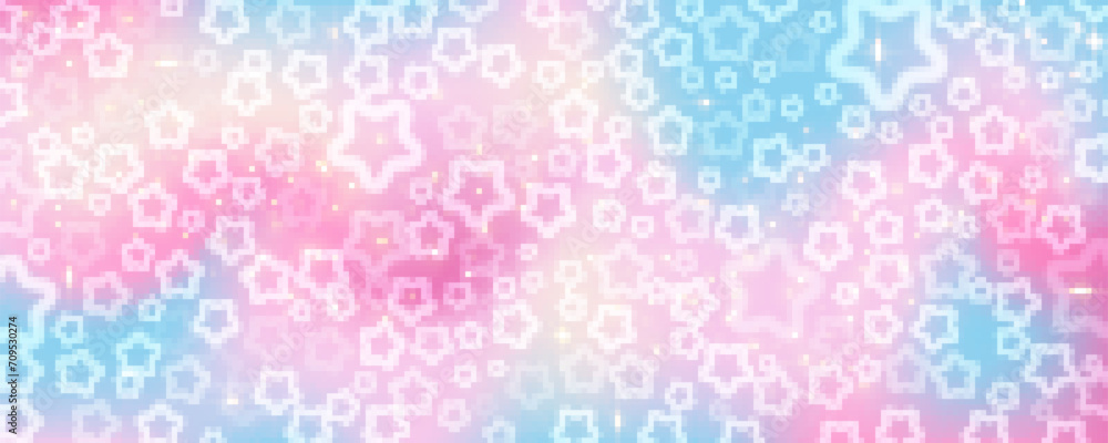 Pink sky with stars and bokeh. Kawaii fantasy background. Magic glitter space with iridescent texture. Abstract vector wallpaper