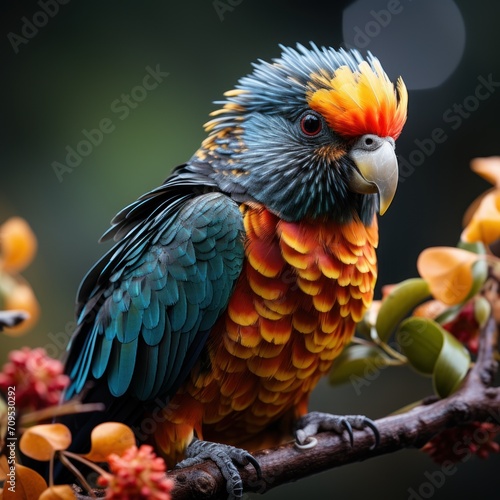 Photo of a colorful parrot perched on a branch. Generative AI