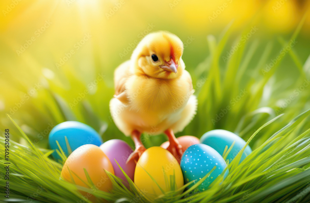 Little yellow chicken with Easter colorful eggs in the grass