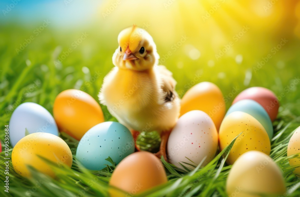 Easter yellow chick and bright multi-colored eggs in the grass