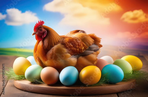 A large orange chicken sits near colorful Easter eggs. Concept, Easter, krashanki, pysanky, spring holidays photo