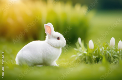 Cute easter bunny fluffy white bunny, newborn bunny on green garden nature with colorful floral background. Easter white bunnies. Close-up of a rabbit. Easter day symbol