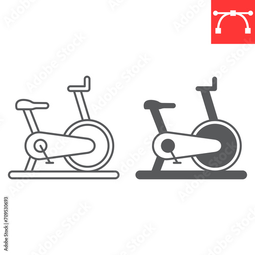 Exercise bike line and glyph icon, fitness and sport, velosimulator vector icon, vector graphics, editable stroke outline sign, eps 10.