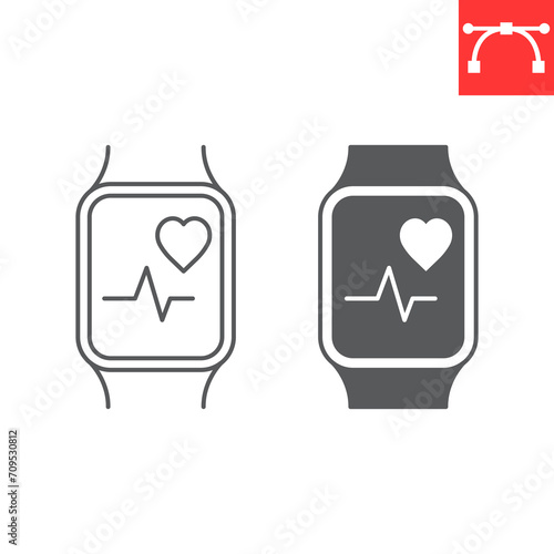 Fitness watch line and glyph icon, sport and gadget, fitness tracker vector icon, vector graphics, editable stroke outline sign, eps 10.