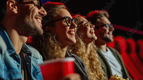 Young people laughing while watching film in movie theater. Group of friends in multiplex cinema with drinking and popcorn.
