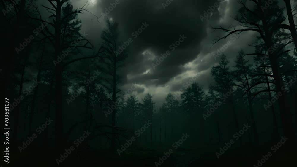 A howling wind carries a deep chill through a mysterious forest its twisted trees reaching up towards a stormy sky. A howling wind carries a deep chill through a mysterious forest its twisted trees reaching up towards a stormy sky.
