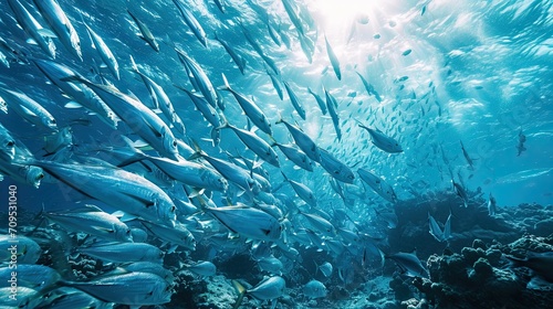School of blue Indian Mackerel underwater along the dive site main marine life resources under the sea , Baa Atoll, Maldives. photo
