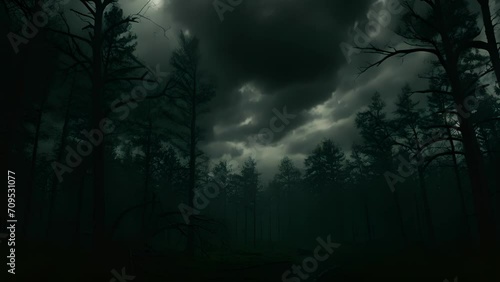 A howling wind carries a deep chill through a mysterious forest its twisted trees reaching up towards a stormy sky. photo