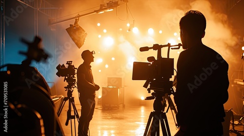 Silhouette images of video production behind the scenes. making of TV commercial movie that film crew team lightman and cameraman working together with film director in studio. film production concept photo