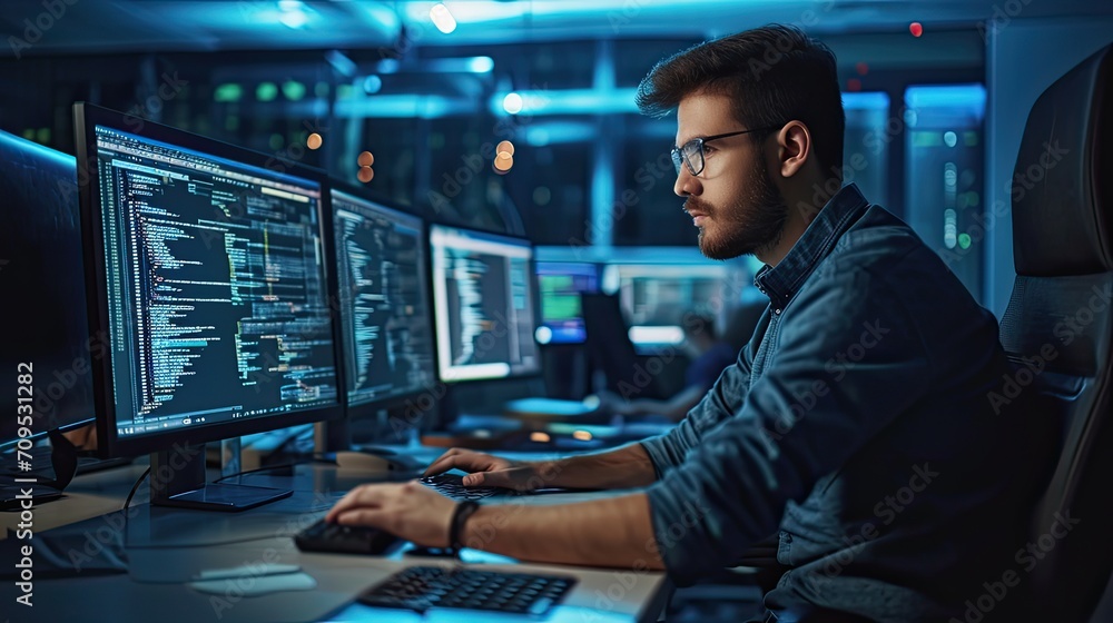 System Administration and Machine Learning Engineer Programming at His Workstation. Man Plans and Carries Out Work to Expand the Network Structure of the Enterprise at His Office System Administration and Machine Learning Engineer Programming at His Workstation. Man Plans and Carries Out Work to Expand the Network Structure of the Enterprise at His Office