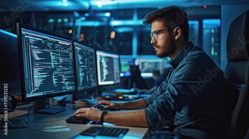 System Administration and Machine Learning Engineer Programming at His Workstation. Man Plans and Carries Out Work to Expand the Network Structure of the Enterprise at His Office photo