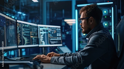 System Administration and Machine Learning Engineer Programming at His Workstation. Man Plans and Carries Out Work to Expand the Network Structure of the Enterprise at His Office