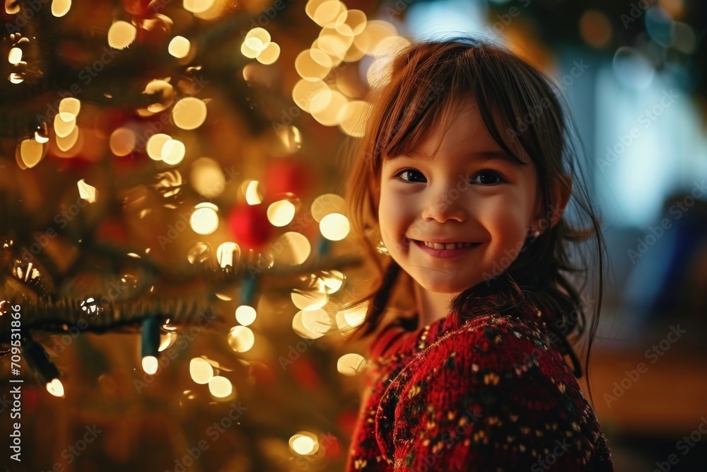クリスマスツリーの前で微笑む女の子, Generative AI クリスマスツリーの前で微笑む女の子, Generative AI
